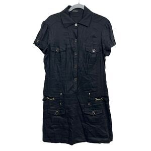 Bebe Women Linen Mini Shift Dress Collared Gold Tone Buttons Pockets Black Sz M*
